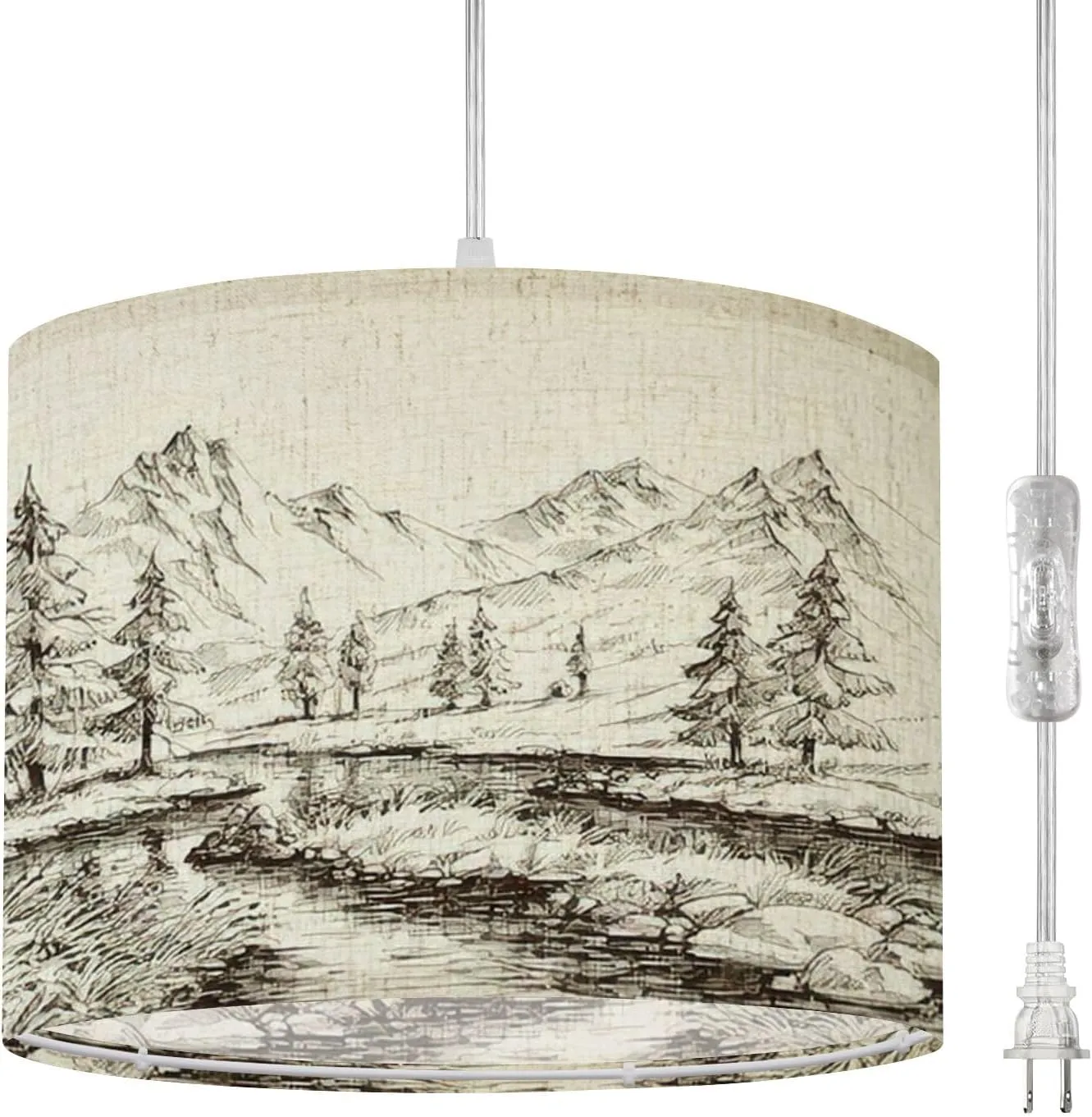 Plug in Pendant Light River Mountains Sketch Hanging Lamp with Plug in Cord 16.4 ft Dimmable Hanging Light for Bedroom Kitchen Island Living Room