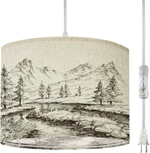 Plug in Pendant Light River Mountains Sketch Hanging Lamp with Plug in Cord 16.4 ft Dimmable Hanging Light for Bedroom Kitchen Island Living Room