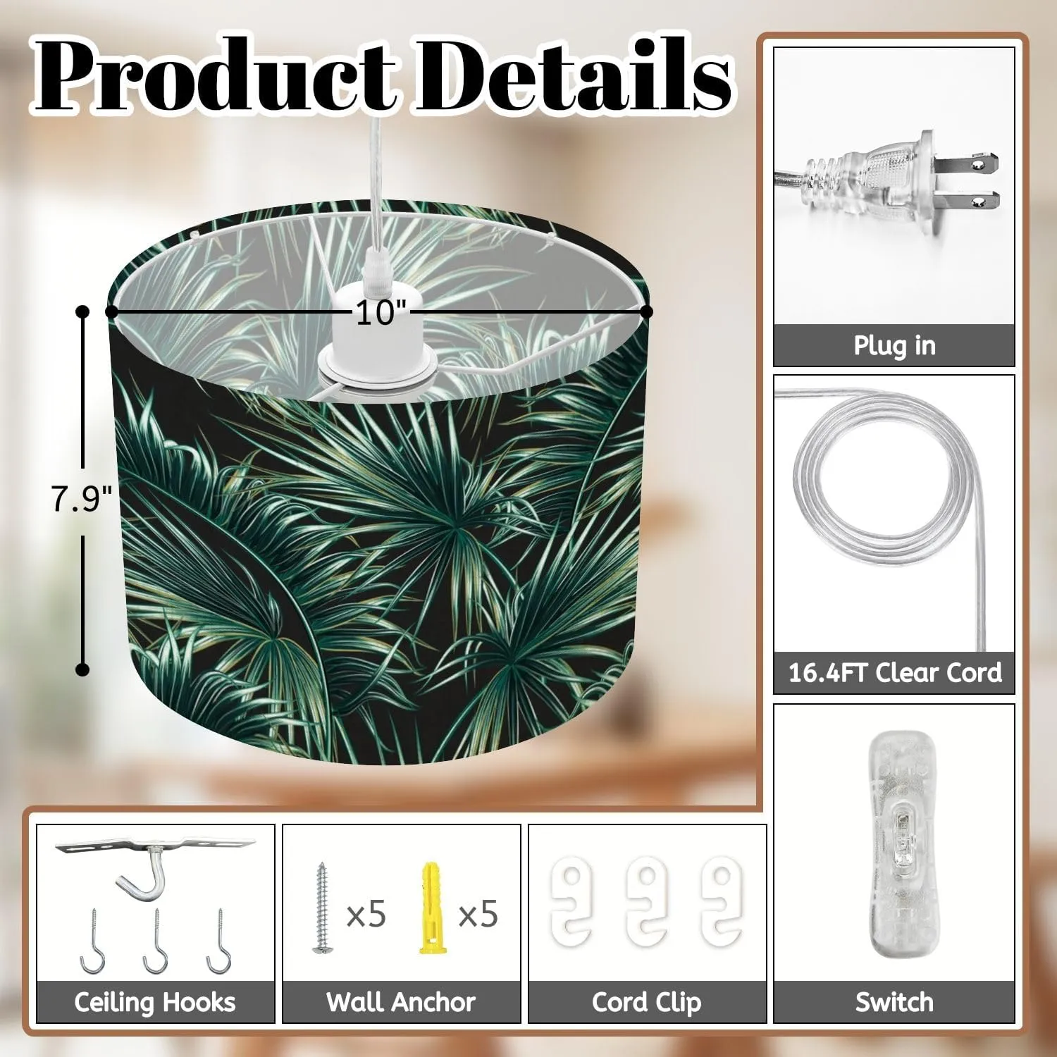 Plug in Pendant Light Tropical Palm Leaves Seamless Floral Pattern Hanging Lamp with Plug in Cord 16.4 ft Dimmable Hanging Light for Bedroom Kitchen Island Living Room