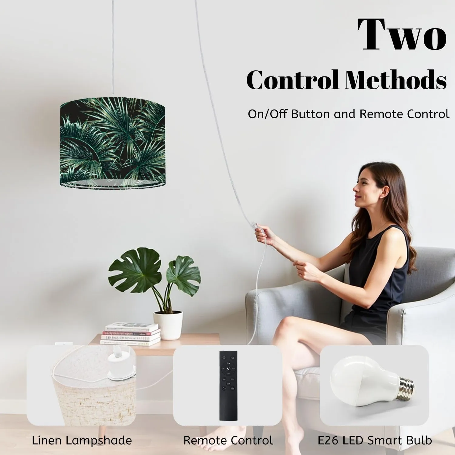 Plug in Pendant Light Tropical Palm Leaves Seamless Floral Pattern Hanging Lamp with Plug in Cord 16.4 ft Dimmable Hanging Light for Bedroom Kitchen Island Living Room