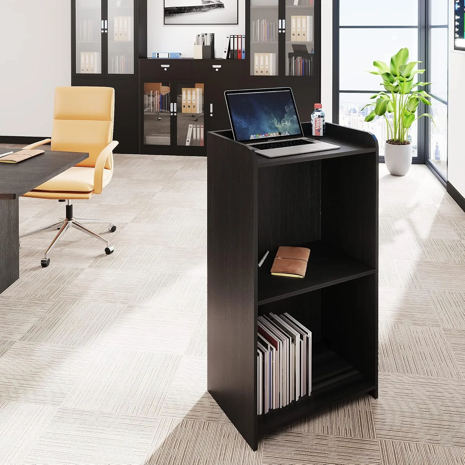 Podium Stand Portable with Wheels, Floor Stand for church, meetings, debate with large storage area, (Black)