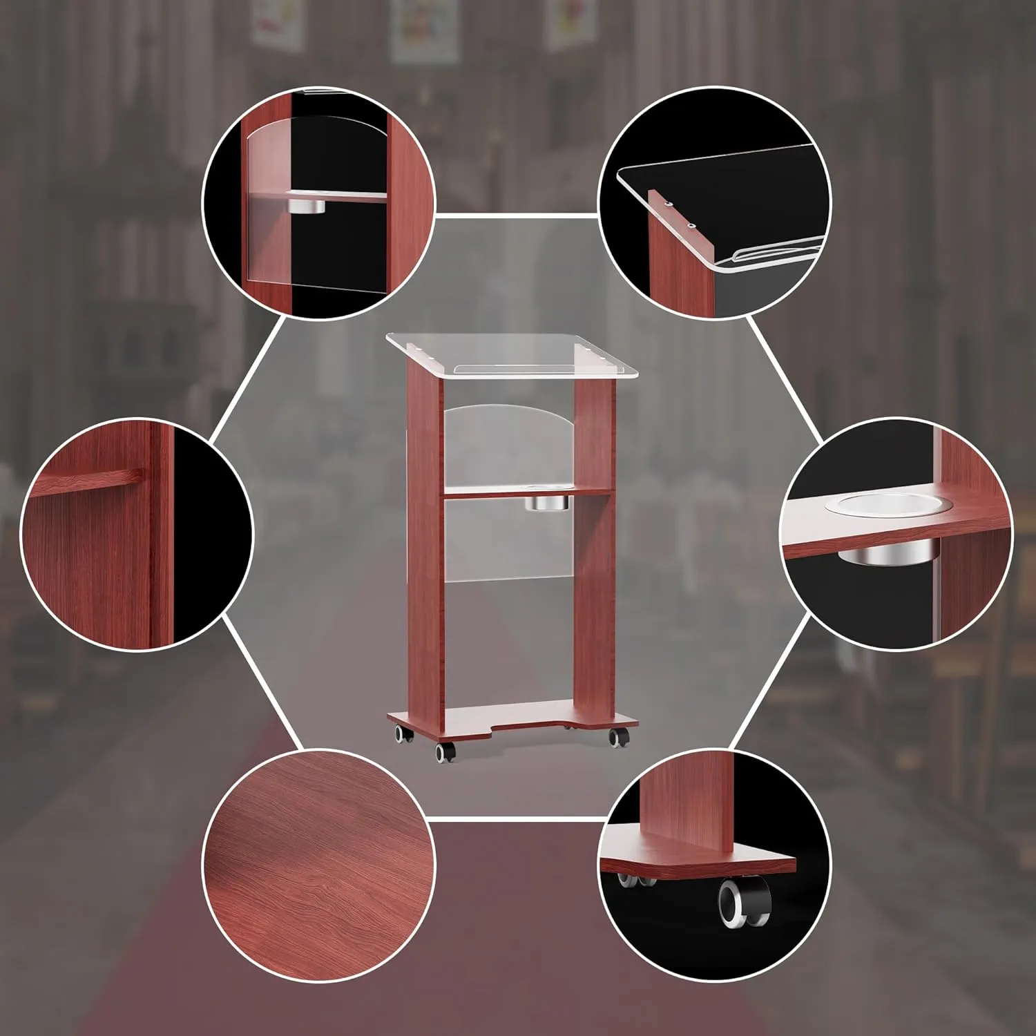 Podium Stand,Portable Lectern with Acrylic and 15mm Plywood,Podium with Shelf and Cup Holder,Mobile Stand for Seminars and Schools (Small)