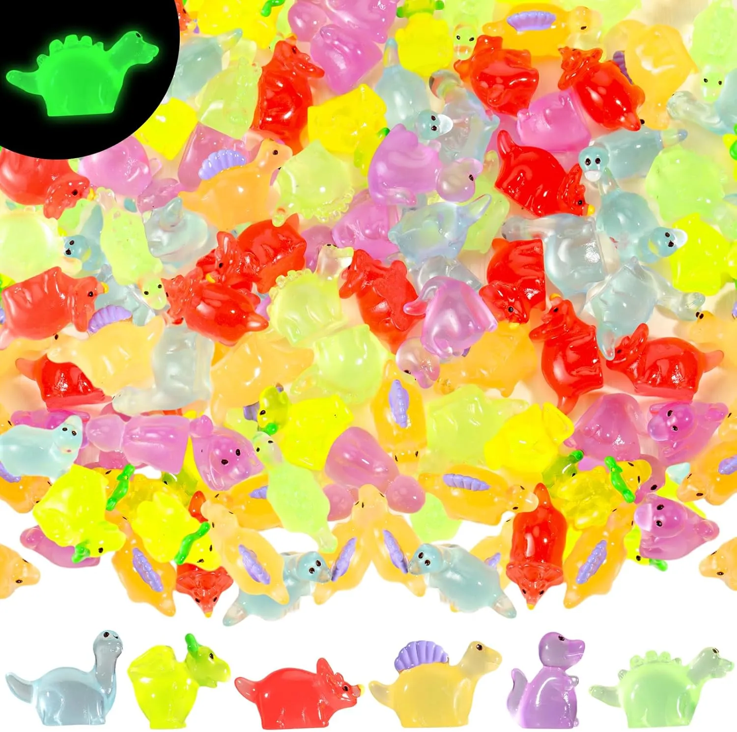 Poen 150 Pcs Luminous Mini Dinosaur Figures Resin Tiny Small Dinosaur Toys Garden Realistic Miniature Figurines for Bag Cake Topper Birthday Party Favors
