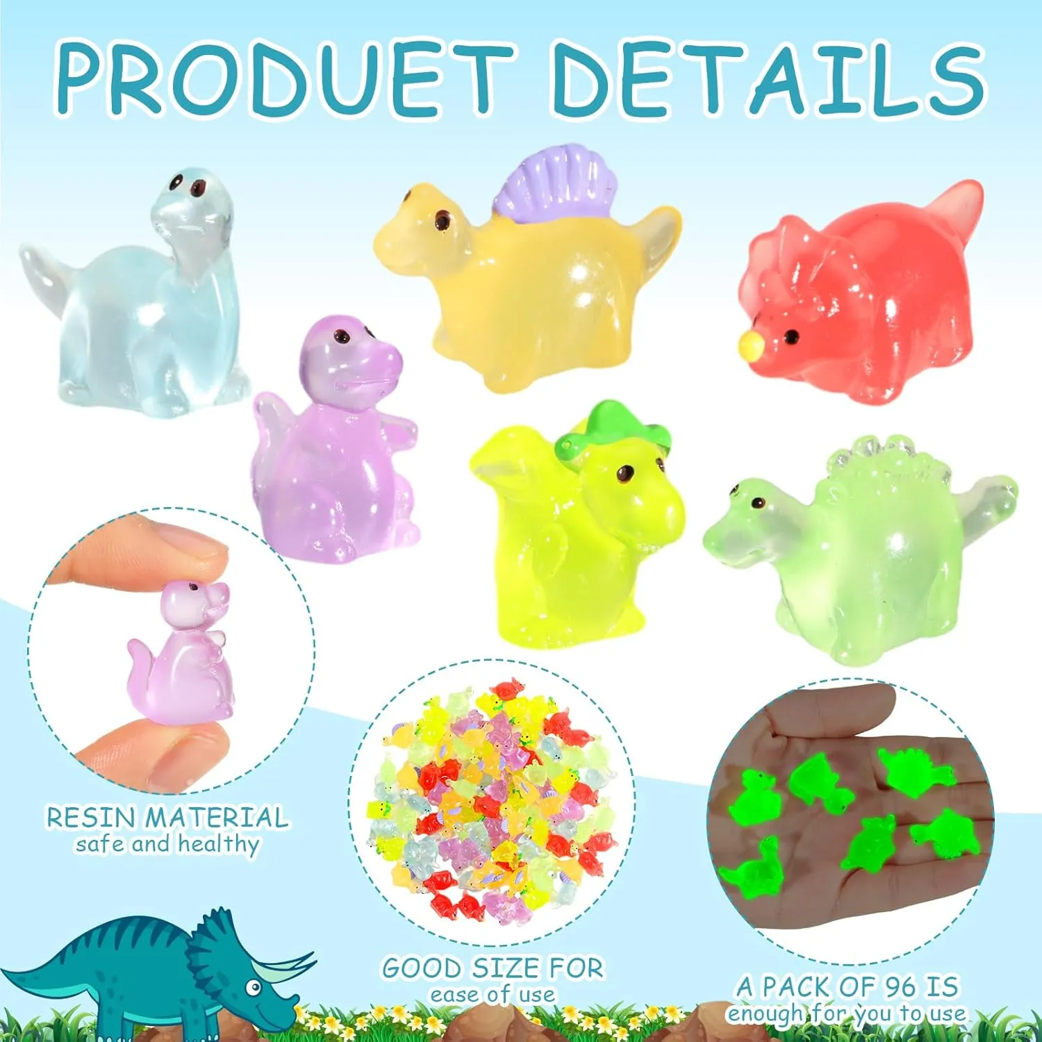 Poen 150 Pcs Luminous Mini Dinosaur Figures Resin Tiny Small Dinosaur Toys Garden Realistic Miniature Figurines for Bag Cake Topper Birthday Party Favors