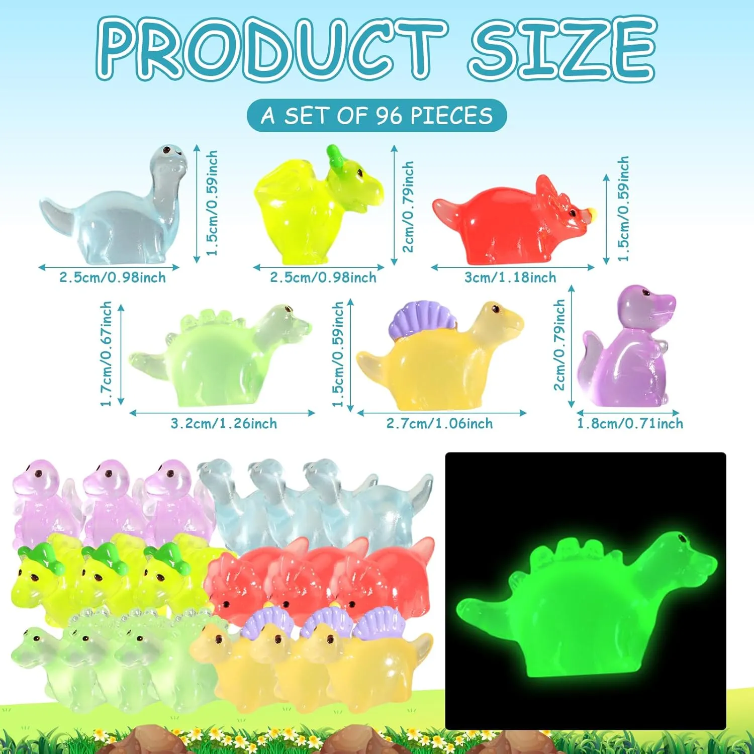 Poen 150 Pcs Luminous Mini Dinosaur Figures Resin Tiny Small Dinosaur Toys Garden Realistic Miniature Figurines for Bag Cake Topper Birthday Party Favors
