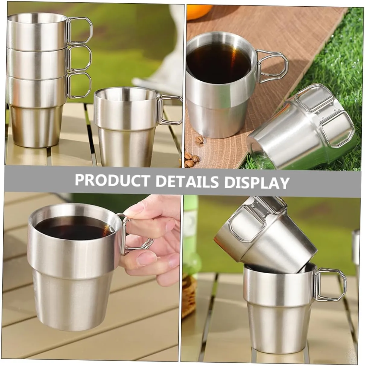 POPETPOP 4pcs Camp Cup Collapsible Camping Mug Stainless Steel Water Cup Foldable Handle Folding for Hiking Travel Outdoor