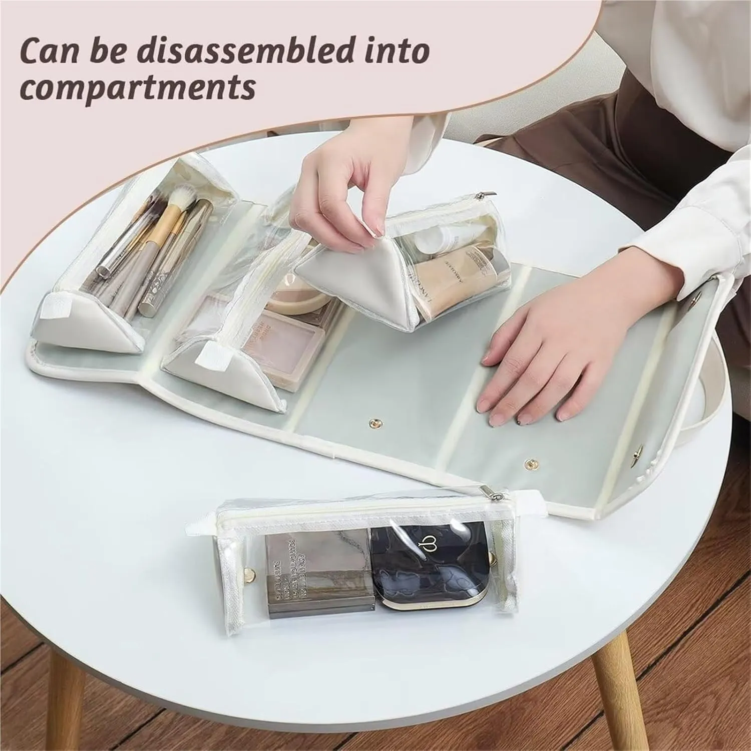 Portable 4 in 1 Foldable Cosmetic Bag, Detachable Large Capacity Makeup Organizer Waterproof Travel(Beige)