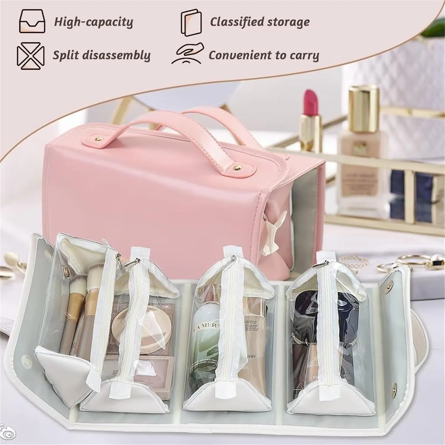 Portable 4 in 1 Foldable Cosmetic Bag, Detachable Large Capacity Makeup Organizer Waterproof Travel(Beige)