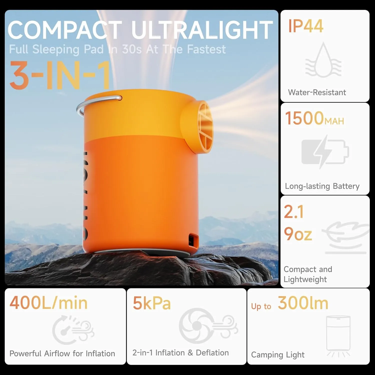Portable Air Pump with Camping Light, Ultra-mini Pump with 1500mAh Battery Rechargeable USB, 5kPa Air Pump for Inflatables,Magnetic Design Tiny Pump for Sleeping Pads, Vacuum Storage Bags