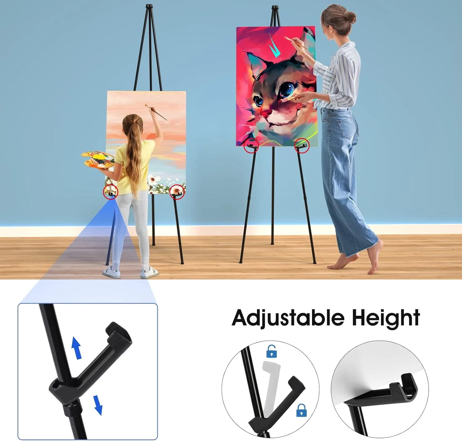 Portable Art Easel Stand 63 Inches - Black Picture Stands for Display w/Bag - Tabletop Art Easel Stand for Sign, Wedding Signs, Poster Stand, Painting Canvas Stand - Metal Tripod, Easels for Display