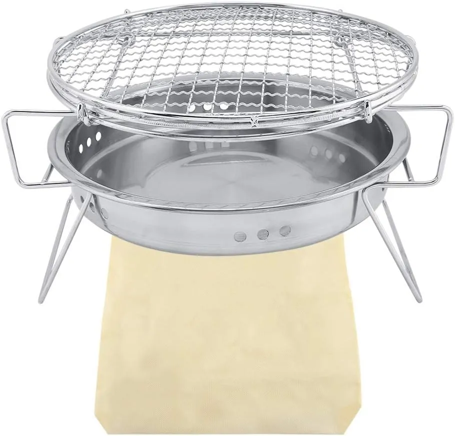 Portable BBQ Grill | Stainless Steel Folding Camping Stove for Outdoor/Patio/Picnic | Mini Round Barbecue with Storage Bag | 22 x 14cm Lightweight Design