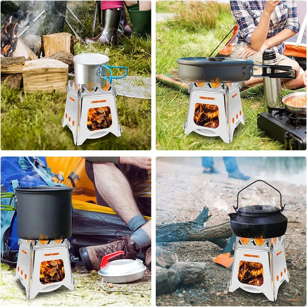 Portable Camping Wood Stove - Stainless Steel Folding Lightweight Firewood Stove for Outdoor Hiking, Traveling, BBQ, and Picnic