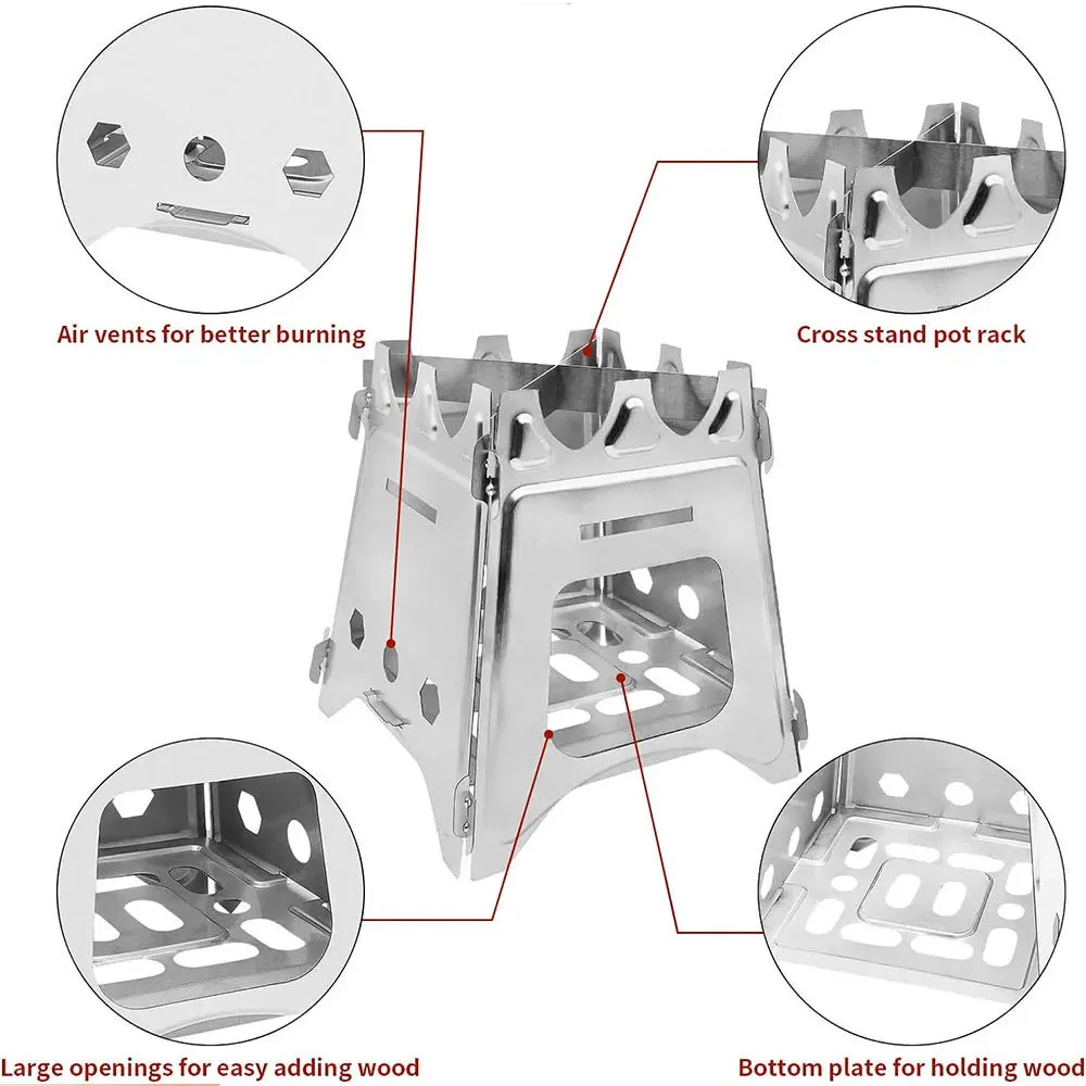Portable Camping Wood Stove - Stainless Steel Folding Lightweight Firewood Stove for Outdoor Hiking, Traveling, BBQ, and Picnic