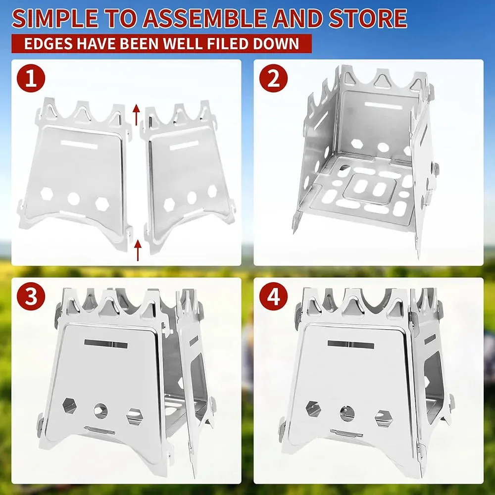 Portable Camping Wood Stove - Stainless Steel Folding Lightweight Firewood Stove for Outdoor Hiking, Traveling, BBQ, and Picnic