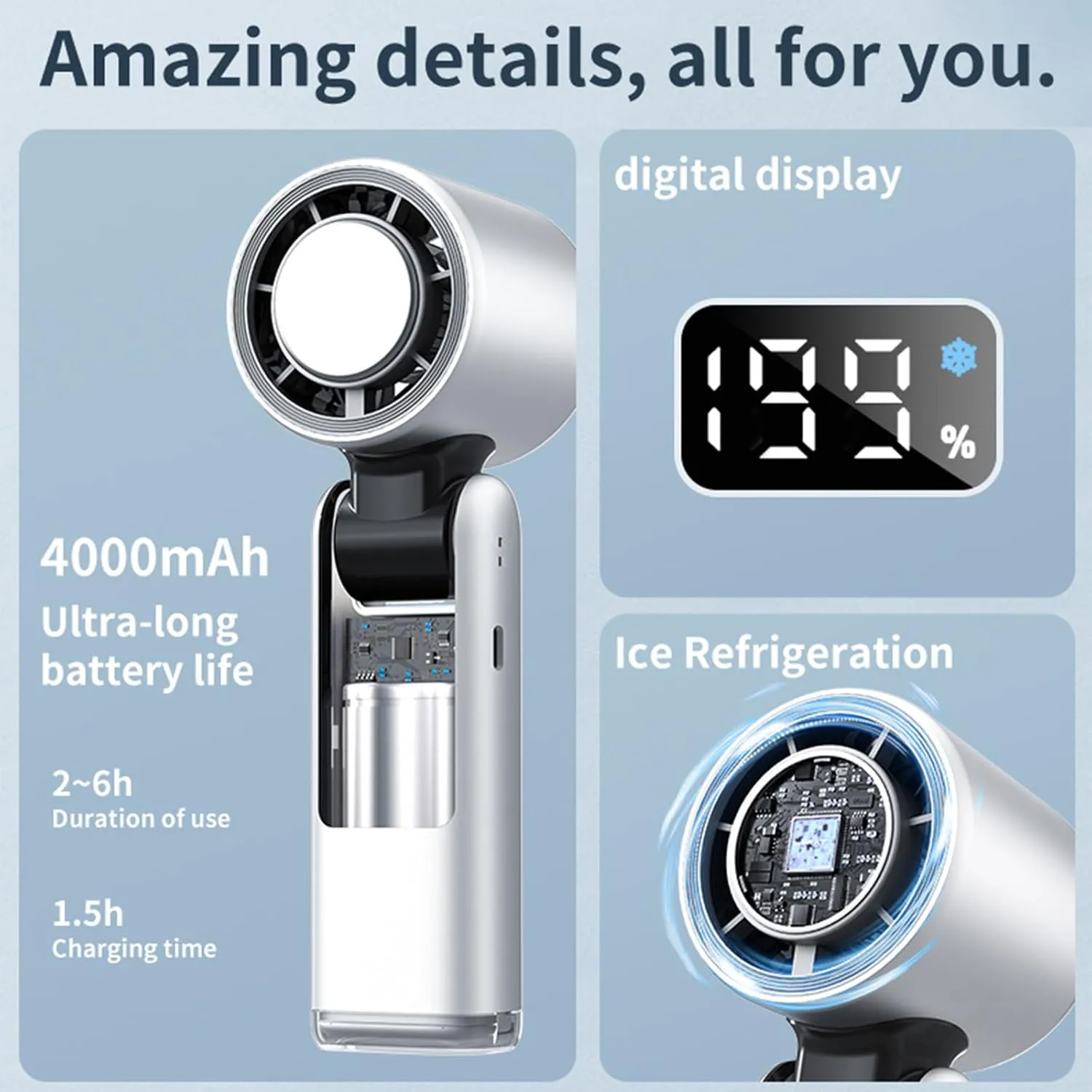 Portable Handheld Fan with Cooling Plate, 1-199 Speed Foldable Mini Fan with Stand, Hook & Lanyard, Up to 8H Use for Travel, Office, Home & Outdoor (Purple Grey)