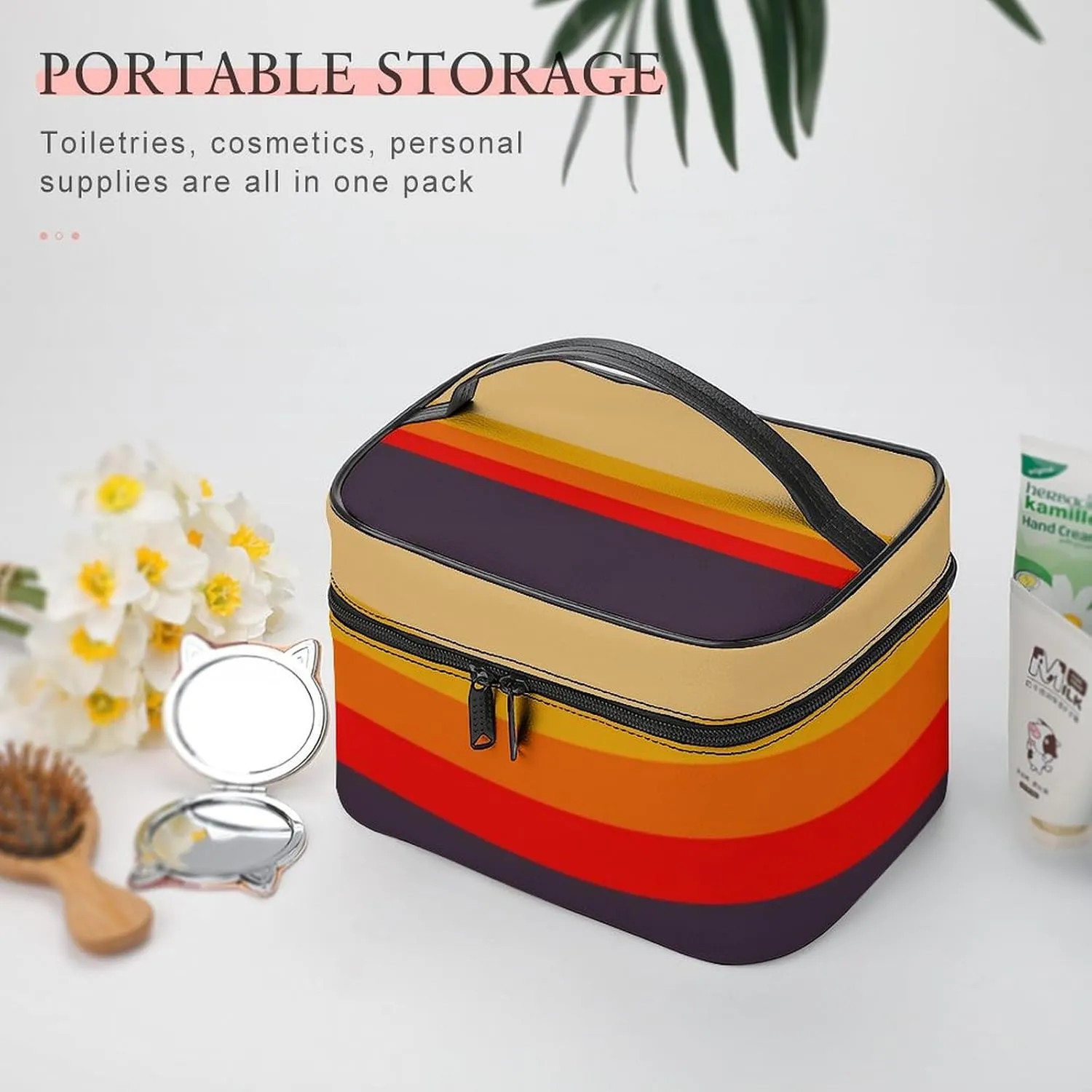 Portable Make Bag, Beige Brown Red Yellow Orange Stripes Cosmetic Case Portable Cosmetic Portable Organizer for Men & Women
