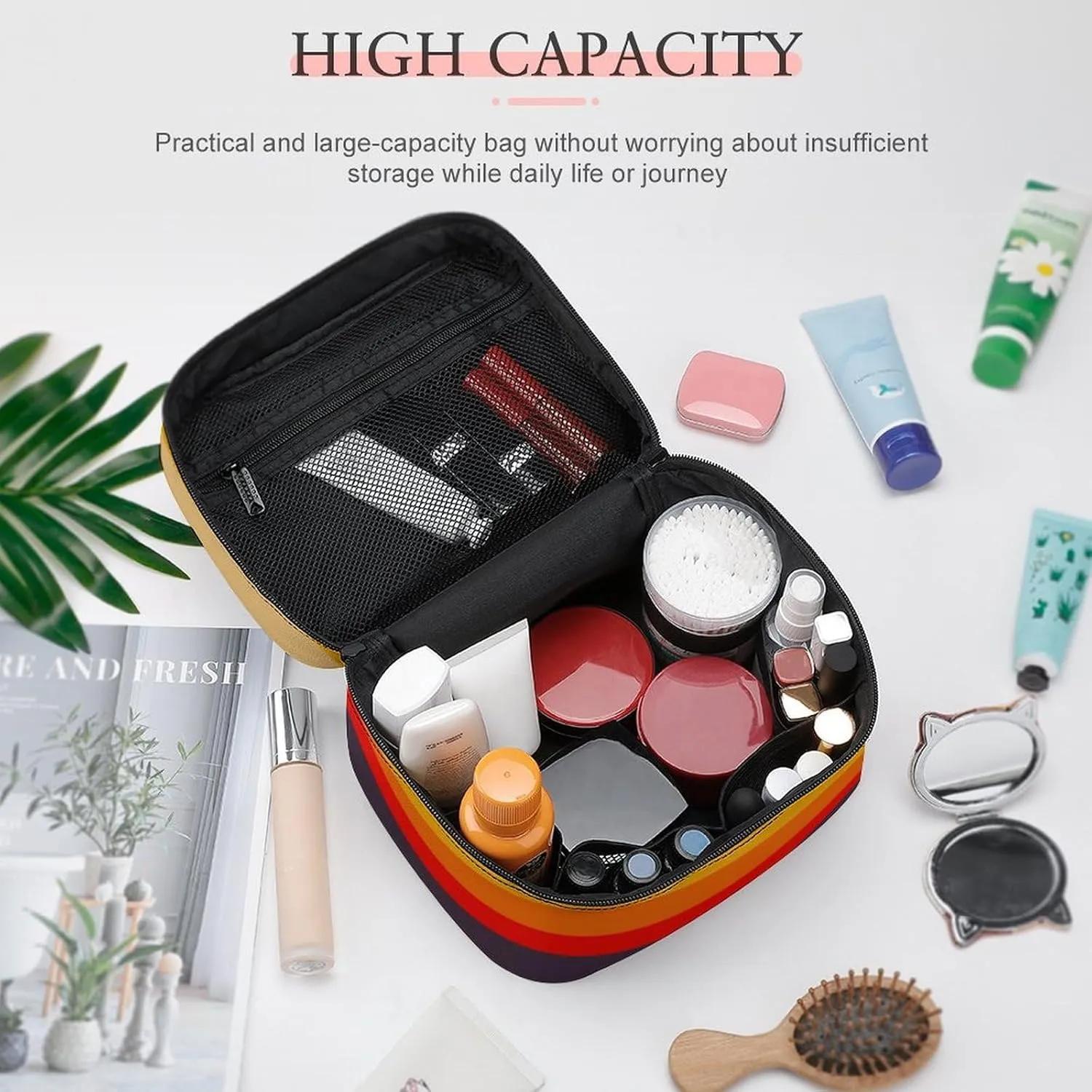 Portable Make Bag, Beige Brown Red Yellow Orange Stripes Cosmetic Case Portable Cosmetic Portable Organizer for Men & Women