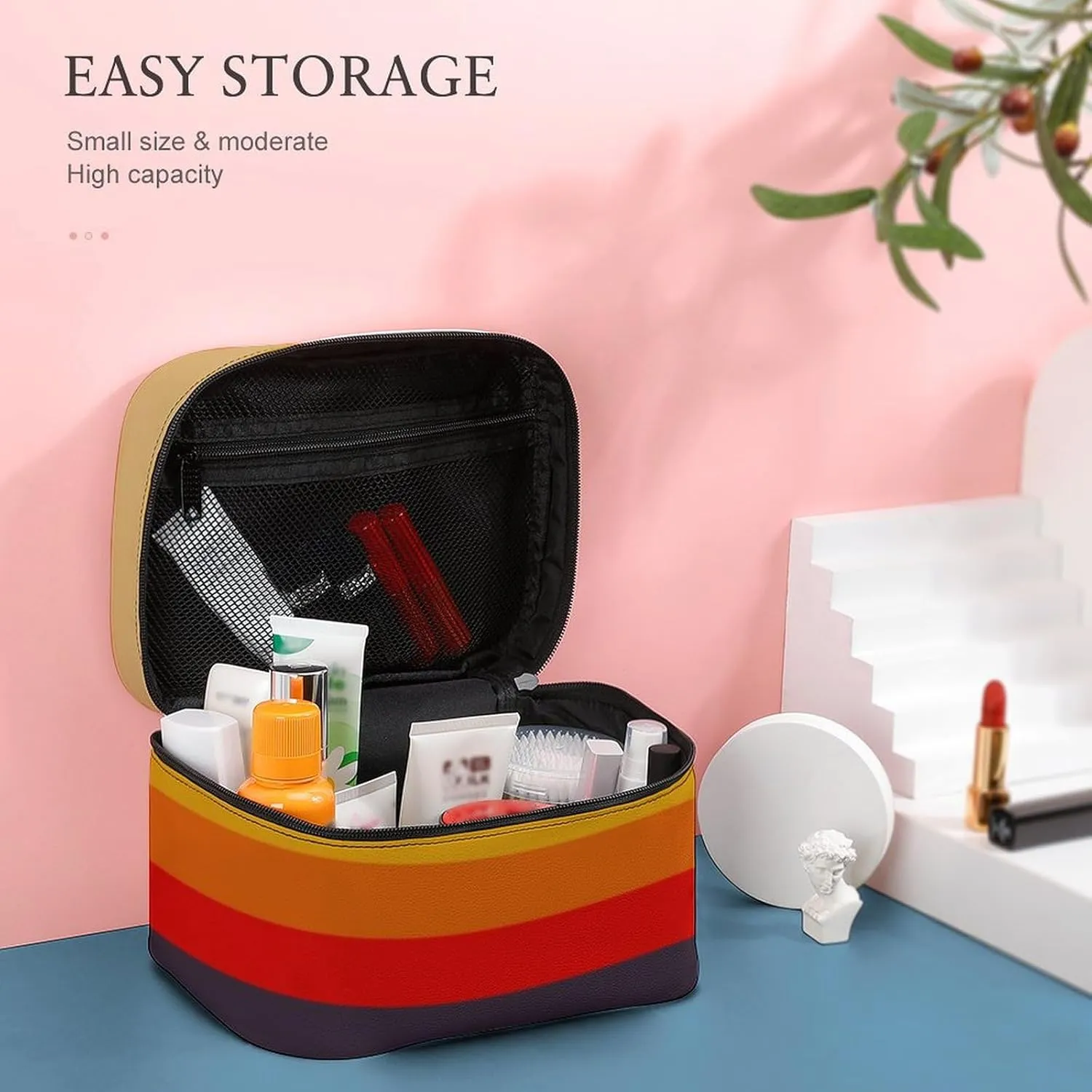 Portable Make Bag, Beige Brown Red Yellow Orange Stripes Cosmetic Case Portable Cosmetic Portable Organizer for Men & Women