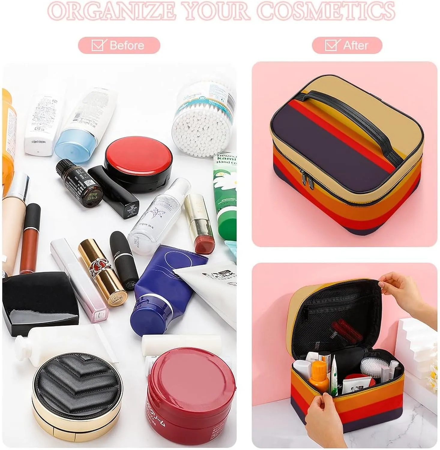 Portable Make Bag, Beige Brown Red Yellow Orange Stripes Cosmetic Case Portable Cosmetic Portable Organizer for Men & Women