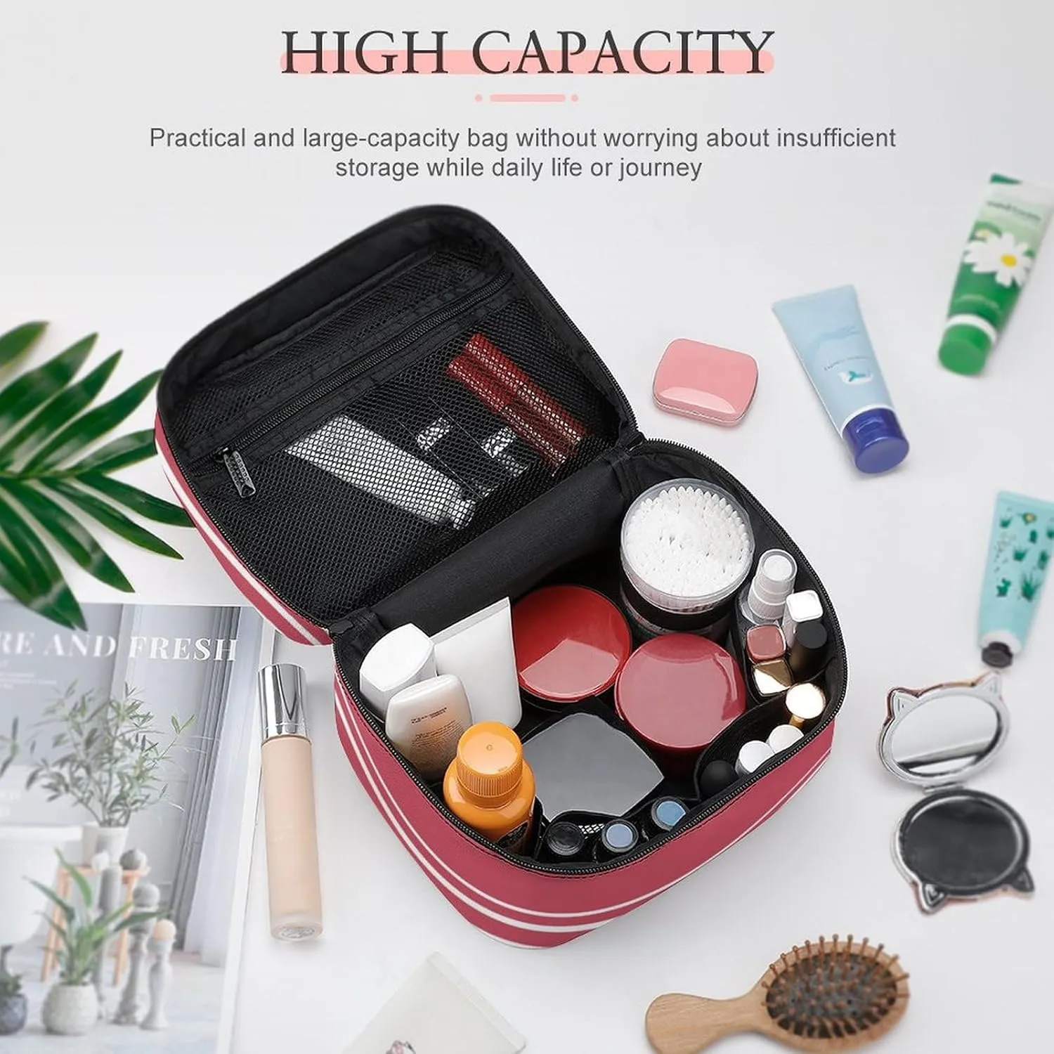 Portable Make Bag, Coral Stripes Cosmetic Case Portable Cosmetic Portable Organizer for Men & Women