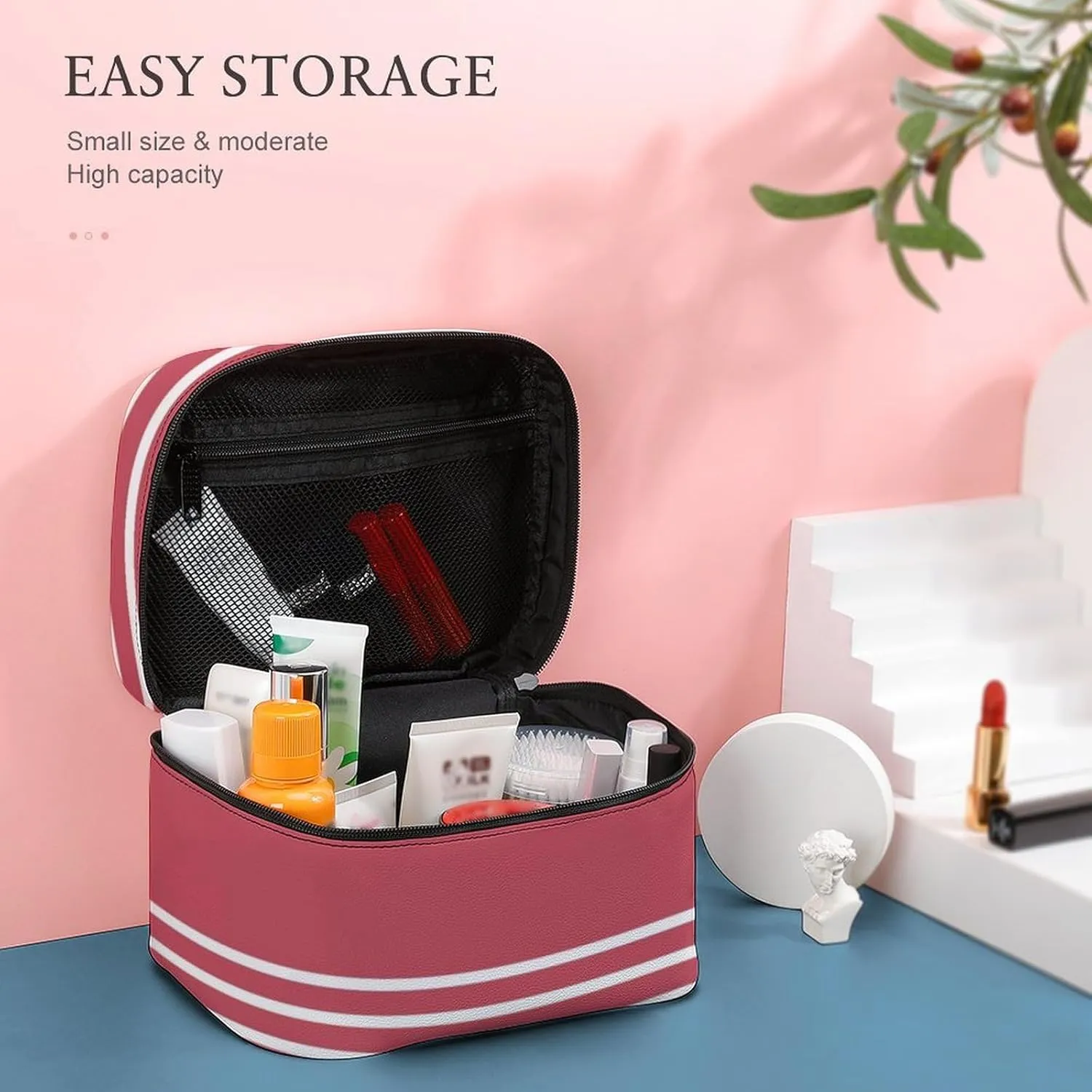 Portable Make Bag, Coral Stripes Cosmetic Case Portable Cosmetic Portable Organizer for Men & Women