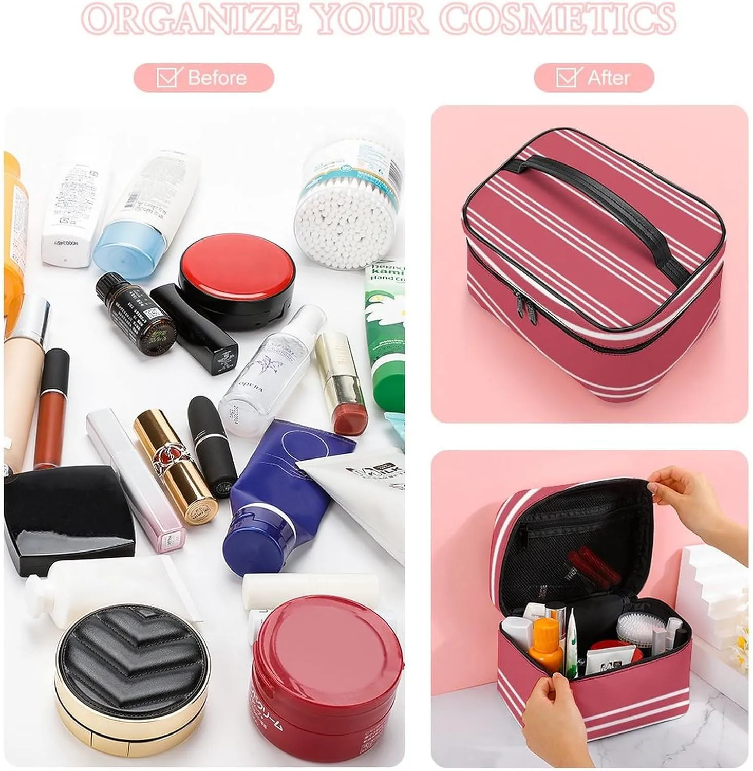 Portable Make Bag, Coral Stripes Cosmetic Case Portable Cosmetic Portable Organizer for Men & Women