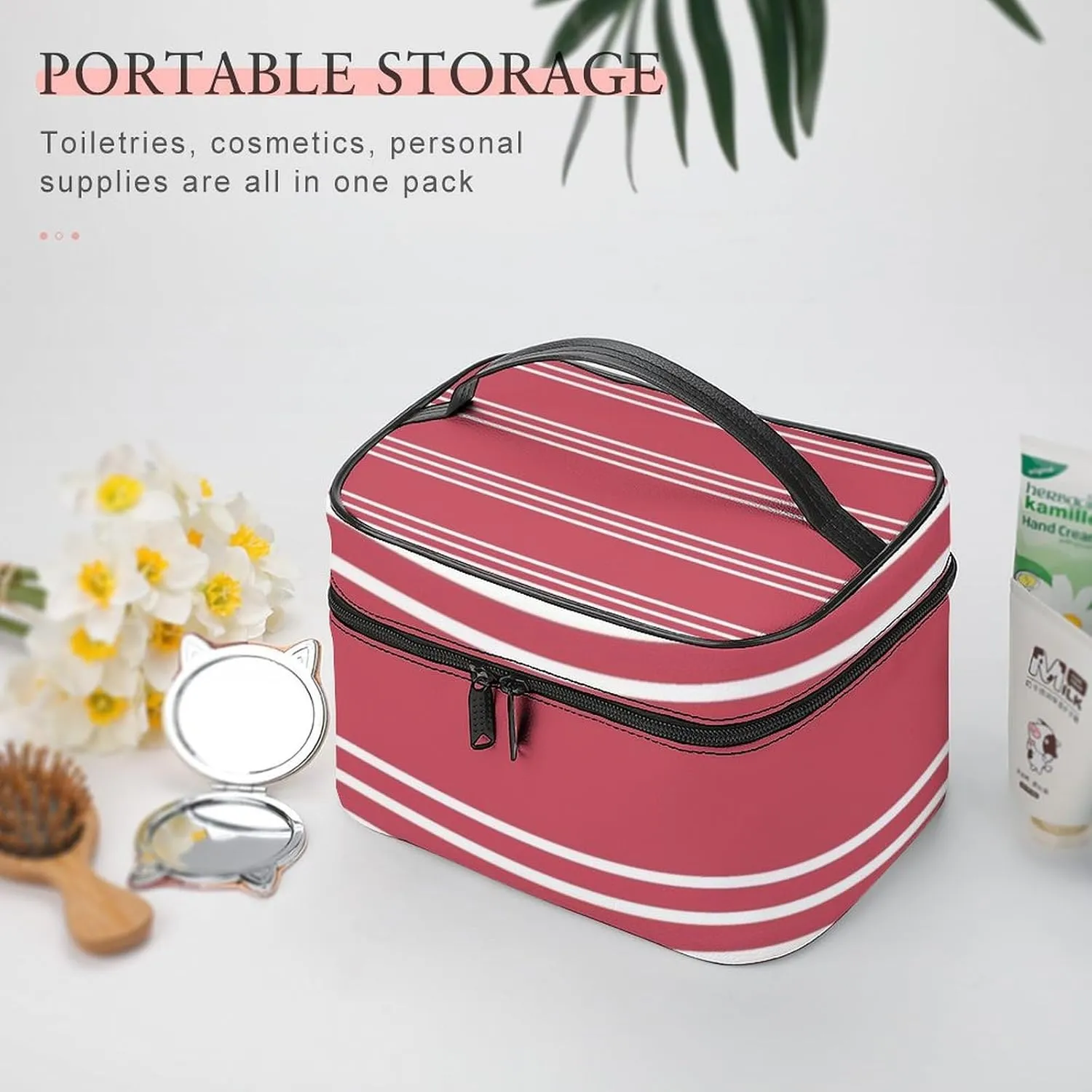 Portable Make Bag, Coral Stripes Cosmetic Case Portable Cosmetic Portable Organizer for Men & Women