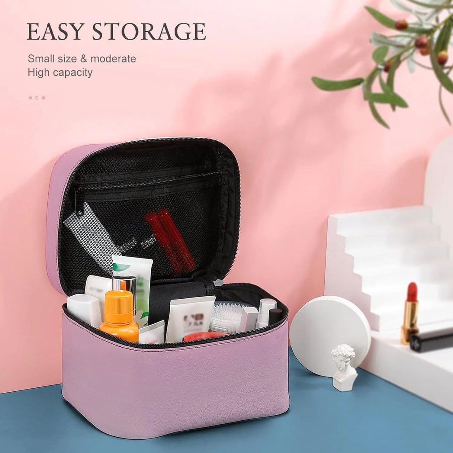 Portable Make Bag, Neon Pink and Gray Ombre Cosmetic Case Portable Cosmetic Portable Organizer for Men & Women