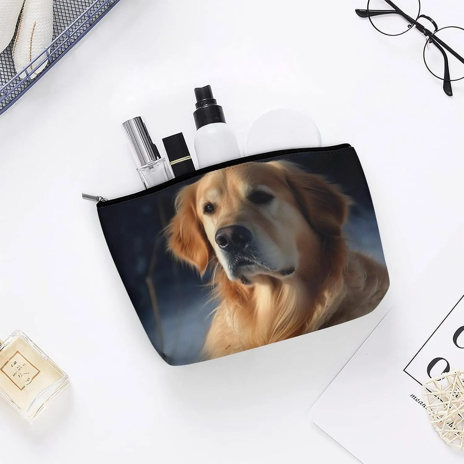 Portable Small Cosmetic Bag Cute Travel Makeup Bag Golden Retriever Waterproof Toiletry Bag for Women