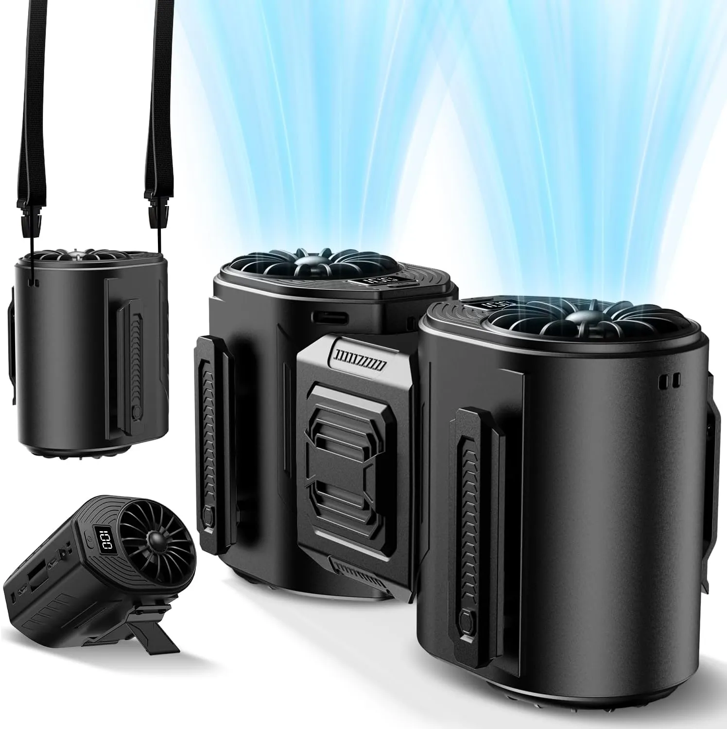 Portable Waist Fan Rechargeable, Detachable Dual Motors Personal Fans 5 Speeds 20000RPM Strong Airflow, 10000mAh 24H Runtime, Portable Neck Fan, Waist Belt Clip Fan for Outdoor, Camping (Black)