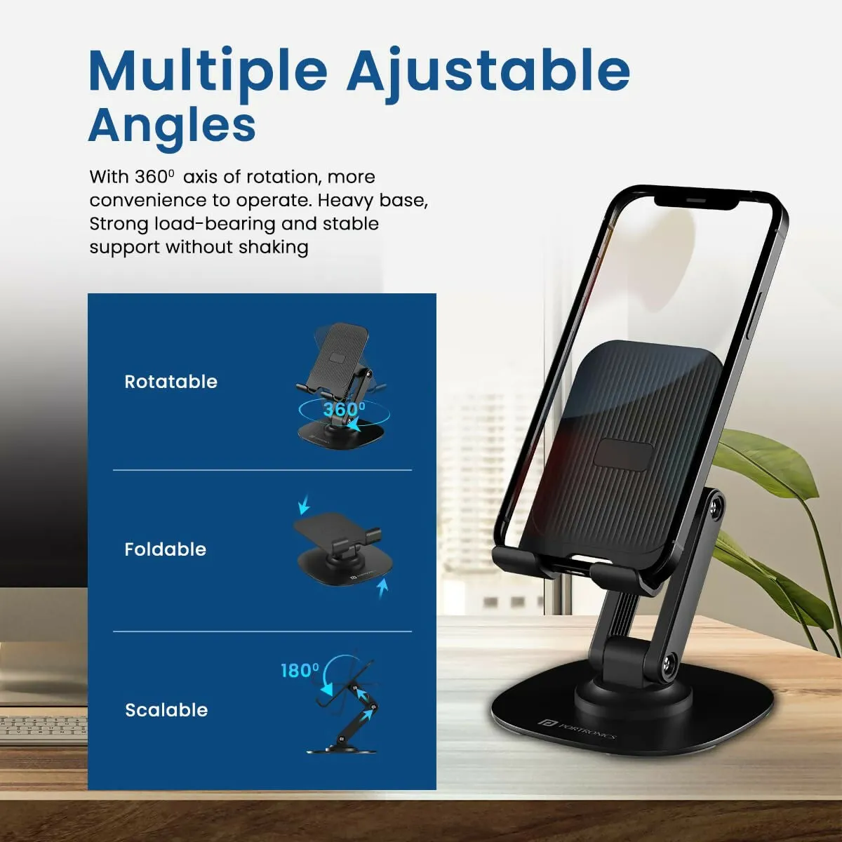 Portronics Mobot III 360º rotatable mobile holder with Adjustable height (Black)