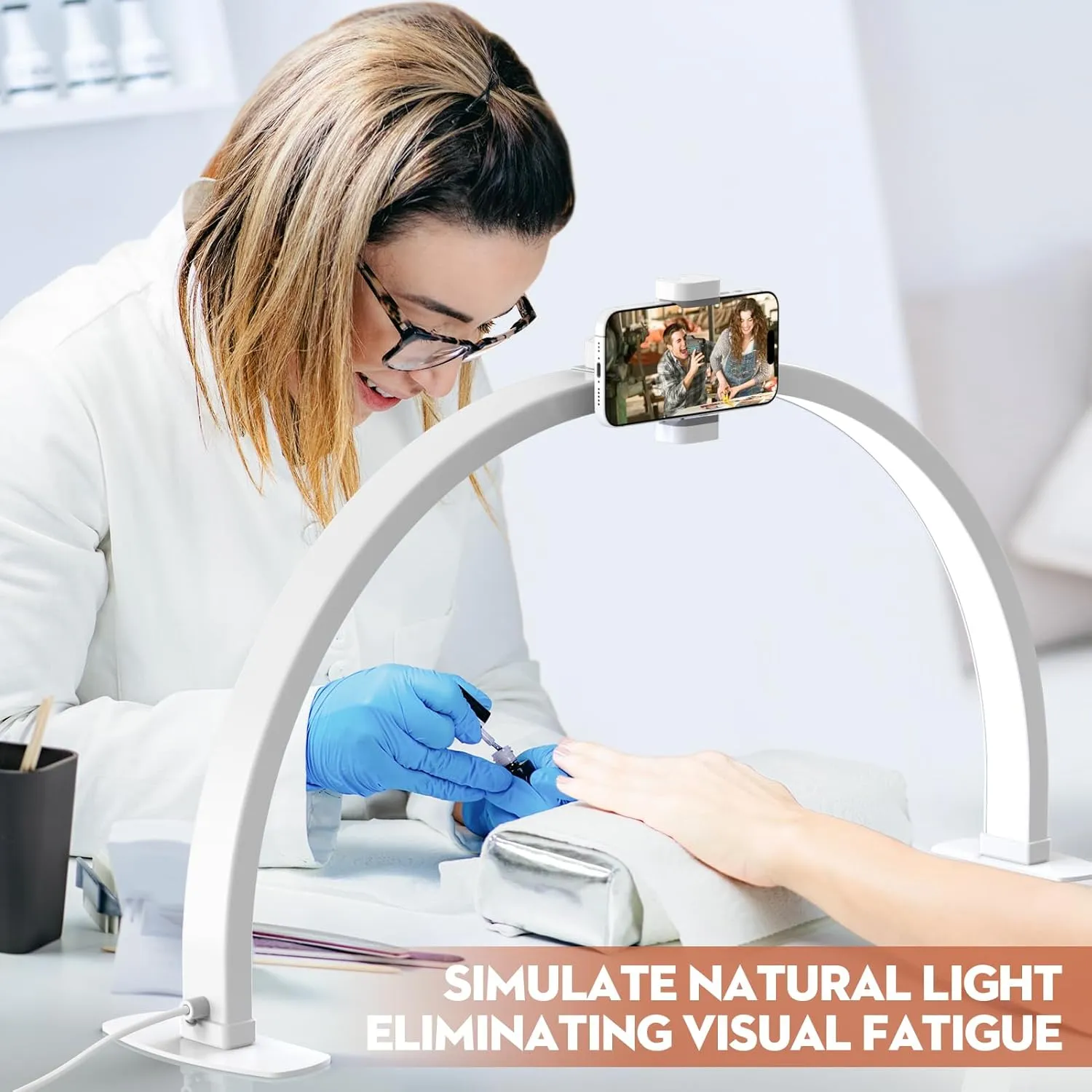 Premium Large Half Moon LED Light for Nail Tech, Foldable Arch Light for Nail Desk Lamp with Phone Stand Perfect for Manicure Handicraft Lighting (White, Large)