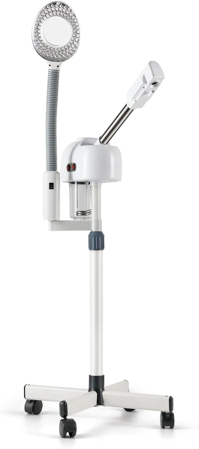 Professional Facial Steamer on Wheels with 5X Magnifying Light Stand Facial Steamer Portable Height Adjsuatble, White