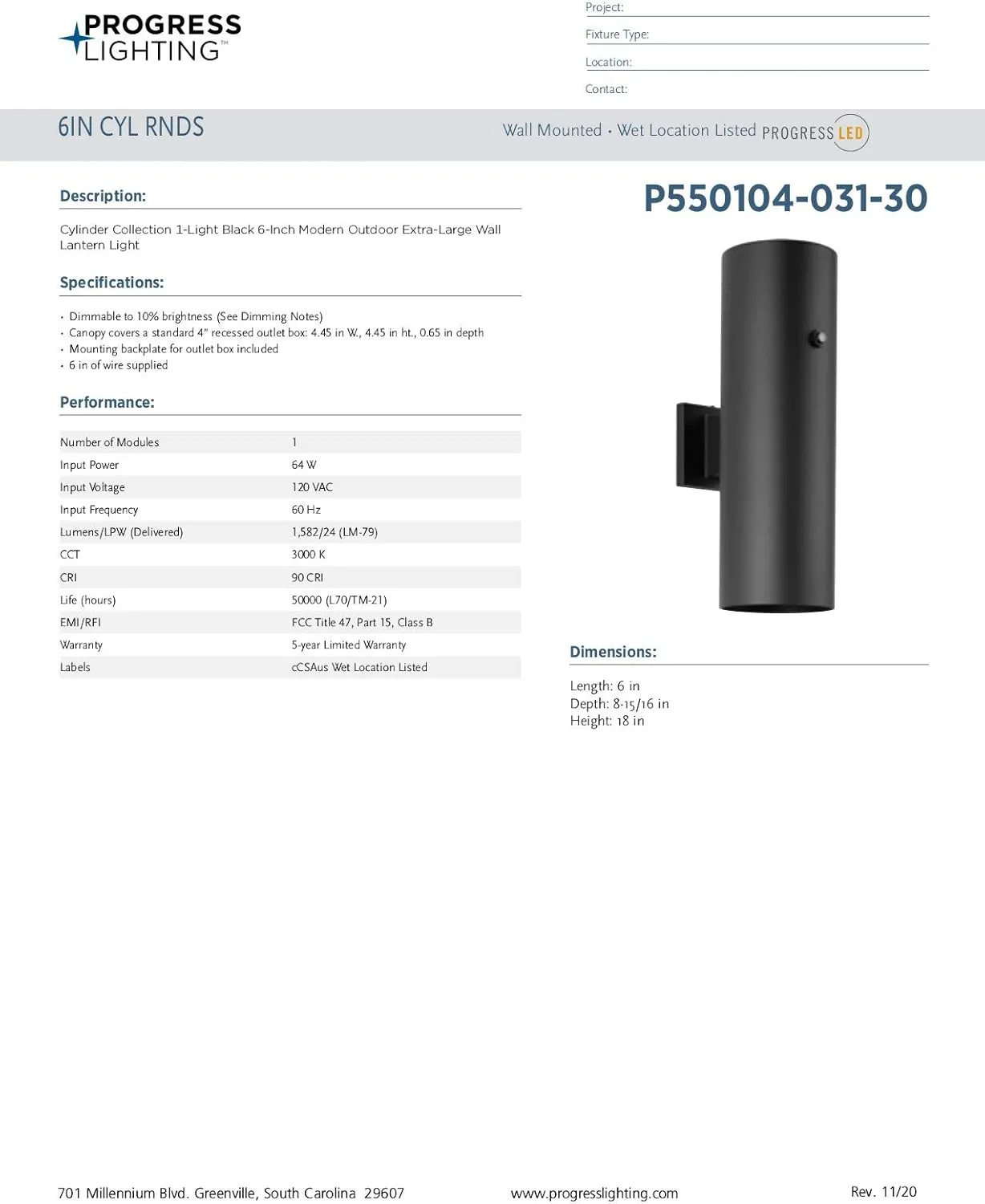 Progress Lighting P550104-031-30 6IN CYL RNDS Cylinder, 18.00x6.00x8.94, Black