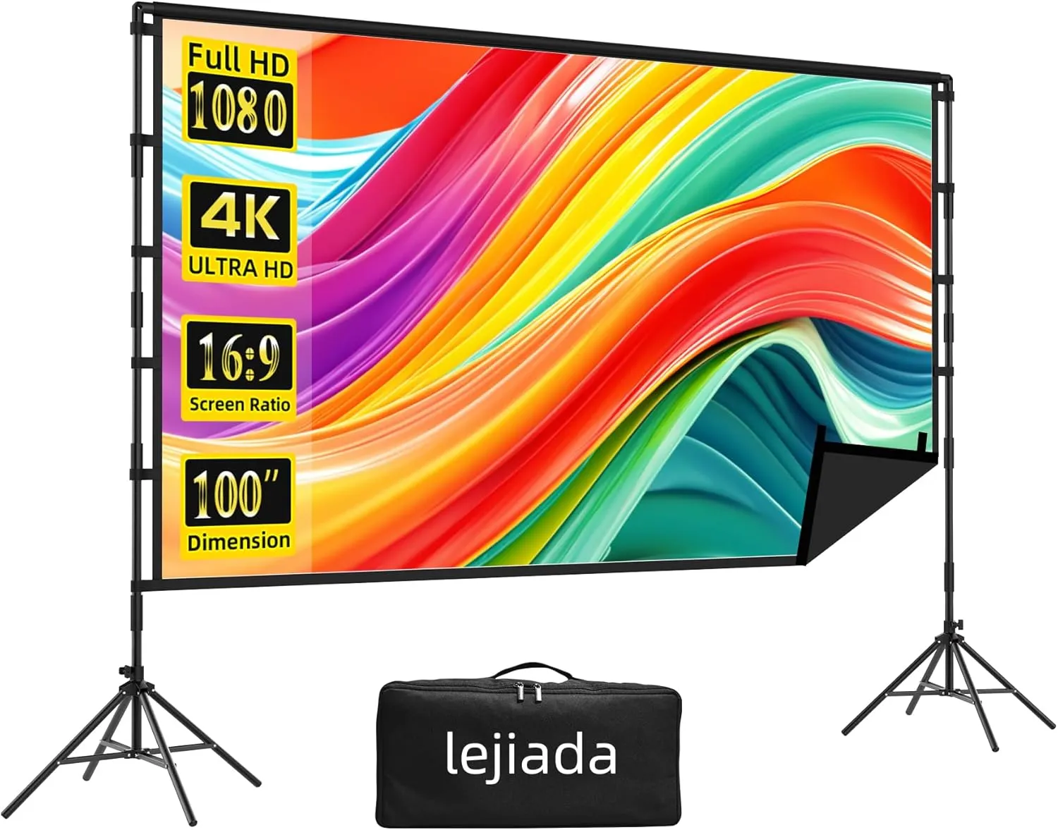 Projector Screen and Stand, 100 inch lejiada Black Projection Screen with Stand Portable Foldable Movie Screen with Carry Bag for Indoor Outdoor Home Theater Backyard Cinema