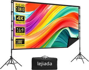 Projector Screen and Stand, 100 inch lejiada Black Projection Screen with Stand Portable Foldable Movie Screen with Carry Bag for Indoor Outdoor Home Theater Backyard Cinema