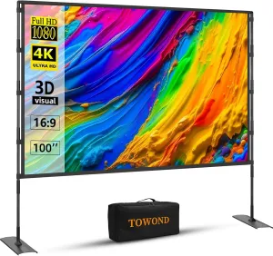 Projector Screen and Stand, Towond 100 inch Outdoor Projector Screen Indoor, Portable Movie Screen 16:9 4K Front Rear Projection Screen with Carry Bag Wrinkle-Free Design for Home Backyard Theater