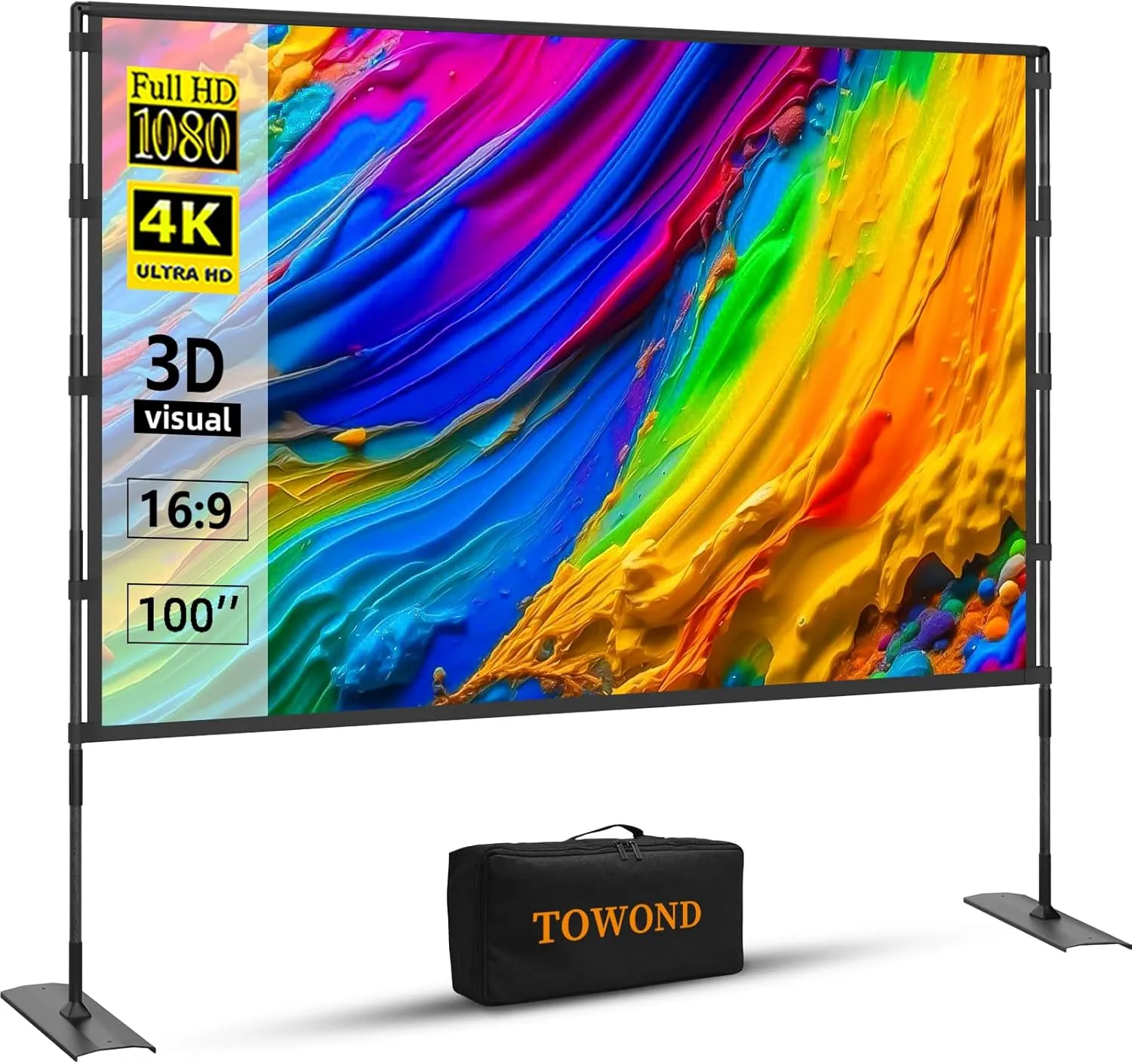 Projector Screen and Stand, Towond 100 inch Outdoor Projector Screen Indoor, Portable Movie Screen 16:9 4K Front Rear Projection Screen with Carry Bag Wrinkle-Free Design for Home Backyard Theater