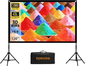 Projector Screen and Stand, Towond 120 inch Portable Movie Screen Indoor Outdoor 16:9 4K HD Front Rear Projection Screen with Carry Bag Wrinkle-Free and Foldable Design for Home Theater