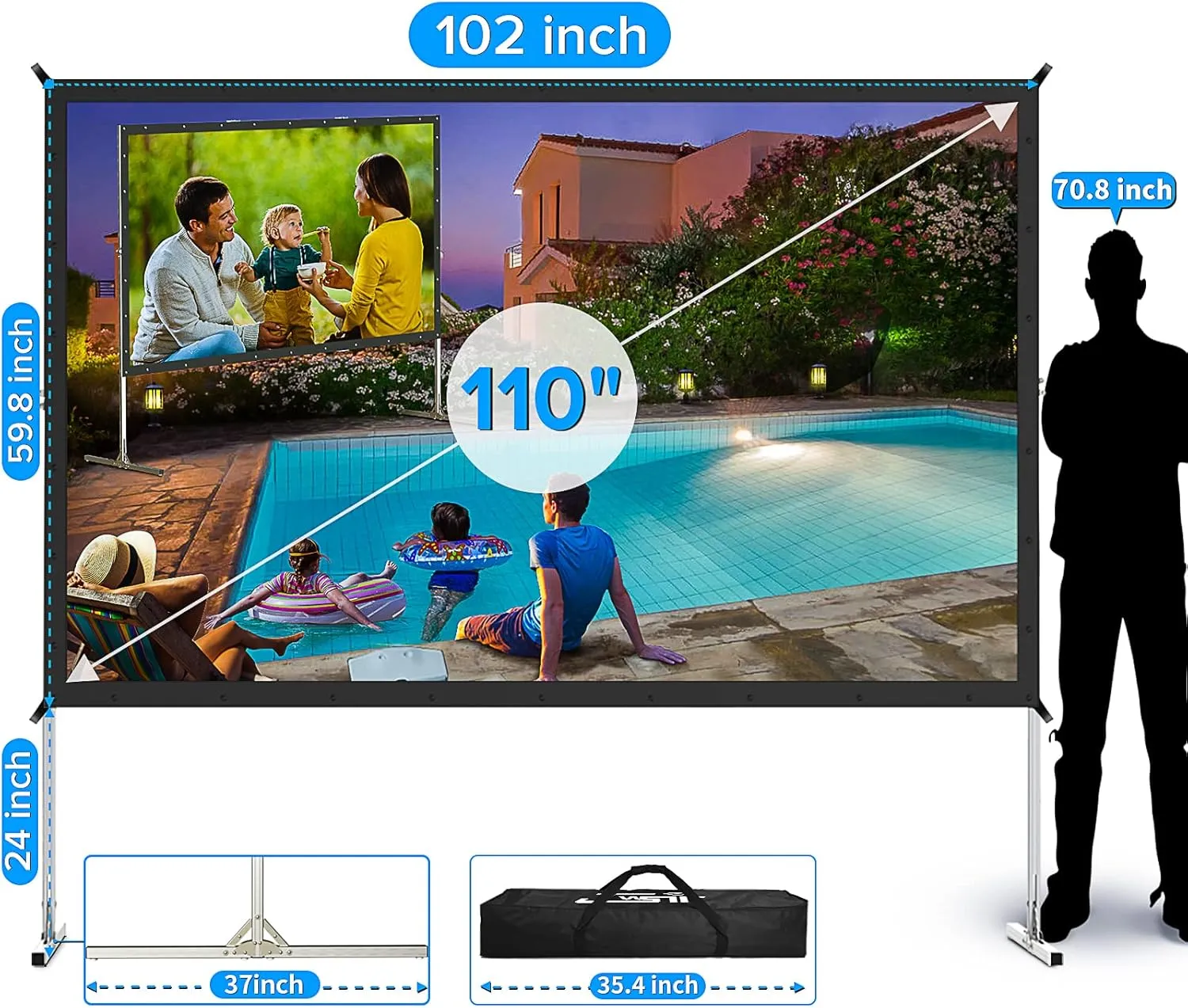 Projector Screen and Stand,JWSIT 110 inch Outdoor Movie Screen-Upgraded 3 Layers PVC 16:9 Outdoor Projector Screen,Portable Video Projection Screen with Carrying Bag for Home Theater Backyard
