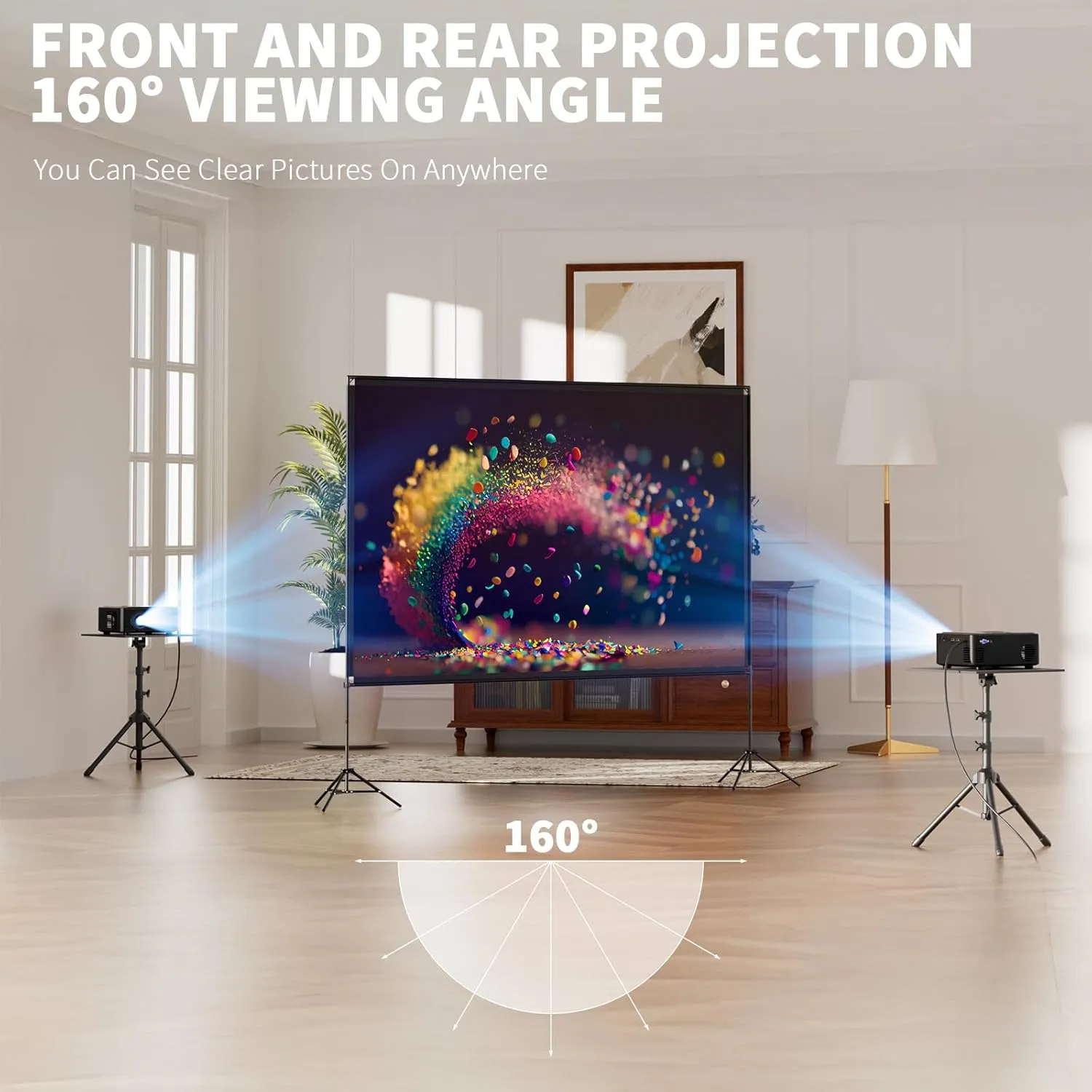 Projector Screen with Stand 100 Inch, 16:9 4K HD Portable Projector Screen Indoor Outdoor, Foldable Wrinkle-Free Movie Screen 160° Front Rear Projection Screen with Carry Bag for Home Movie