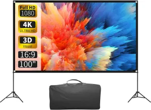Projector Screen with Stand 100 Inch, 16:9 4K HD Portable Projector Screen Indoor Outdoor, Foldable Wrinkle-Free Movie Screen 160° Front Rear Projection Screen with Carry Bag for Home Movie