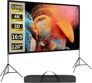 Projector Screen with Stand 120 Inch, 16:9 4K HD Portable Projector Screen Indoor Outdoor, Foldable Wrinkle-Free Movie Screen 160° Front Rear Projection Screen with Carry Bag for Home Movie