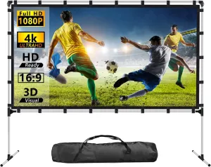 Projector Screen with Stand 120 inch Outdoor Indoor Projector Screen 16:9 4K HD Portable Rear Front Projection Movie Screen with Carry Bag for Home Theater Backyard Movie Night