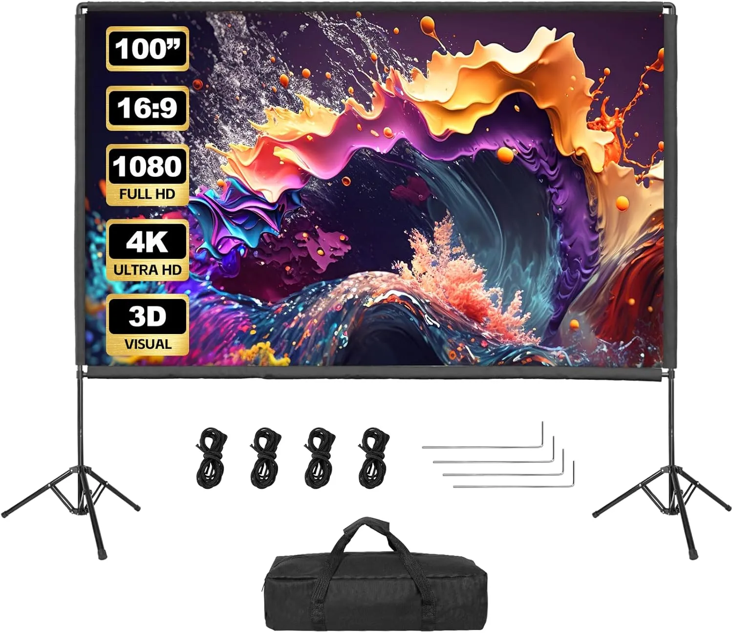 Projector Screen with Stand, Qoolfoto 100 Inch Portable Projector Screen & Tripod, Indoor Outdoor Projection Screen 16:9 4K HD Wrinkle-Free Movie Screen with Carry Bag for Backyard Party Home Theater
