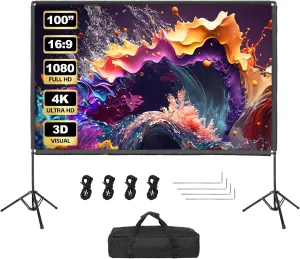 Projector Screen with Stand, Qoolfoto 100 Inch Portable Projector Screen & Tripod, Indoor Outdoor Projection Screen 16:9 4K HD Wrinkle-Free Movie Screen with Carry Bag for Backyard Party Home Theater