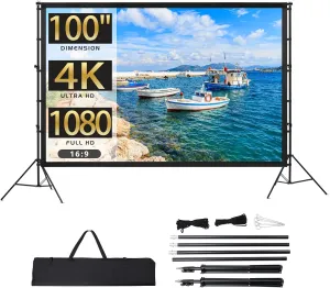 Projector Screen with Stand, Towallmark 100 inch Portable Projection Screen, 16:9 4K HD Rear & Front Projections Movies Screen with Carry Bag, for Indoor Outdoor Home Theater Backyard Camping