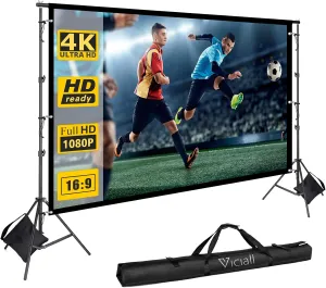 Projector Screen with Stand - VICIALL 120 inch Indoor Outdoor Projector Screen - 16:9 HD 4K Thickened Wrinkle-Free Movies Screen with Carry Bag for Home Theater Camping Travel Recreational Events
