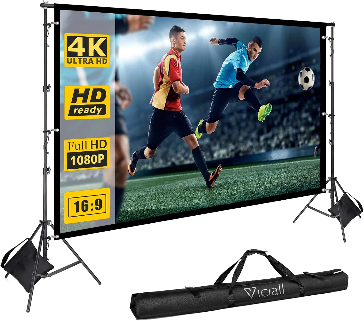 Projector Screen with Stand - VICIALL 120 inch Indoor Outdoor Projector Screen - 16:9 HD 4K Thickened Wrinkle-Free Movies Screen with Carry Bag for Home Theater Camping Travel Recreational Events