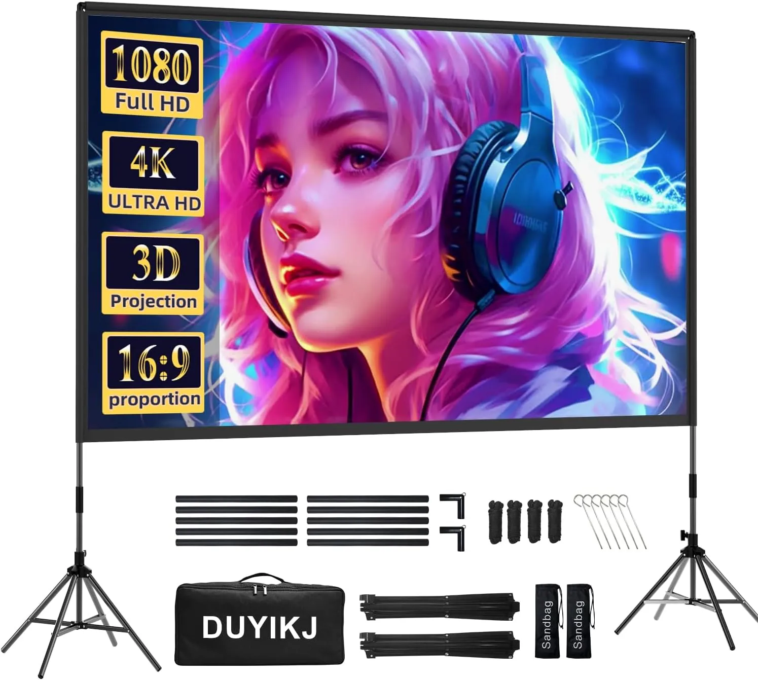 Projector Screen with Stand,DUYIKJ 100 inch Portable Outdoor Indoor Projector Screen Rear Front Projection Screen Lightweight Movie Screen16:9 4K HD with Four-Legged Frame Carry Bag for Home Theater